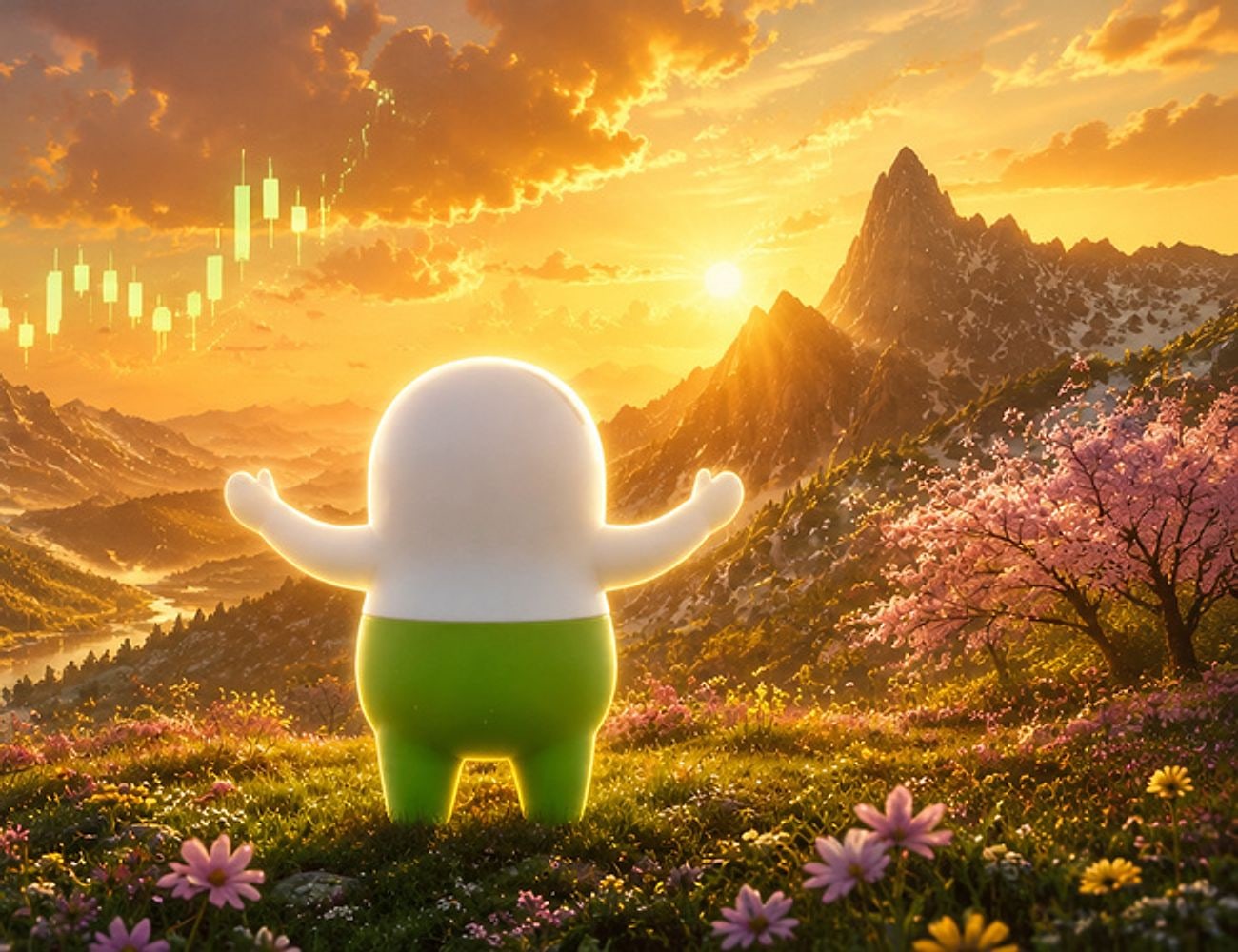 The Crypto Summer mascot stands with its back to us in a flower meadow, arms raised toward a golden sunrise over mountains, with green candlesticks glowing in the clouds.