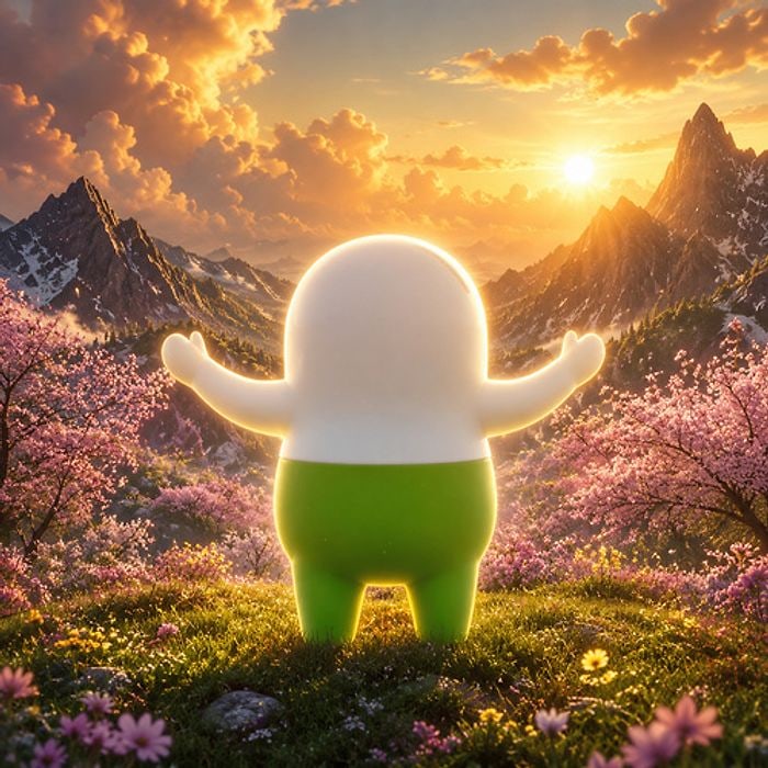 The mascot standing in a sunlit flower meadow at the edge of the cold season, arms open toward the light.