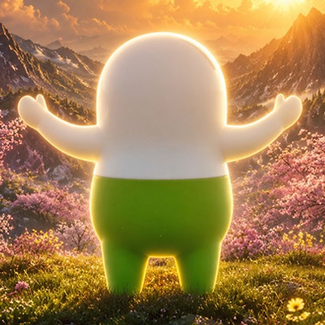 Close view of the Crypto Summer mascot, a rounded white-and-green character with its arms open to the sunrise.